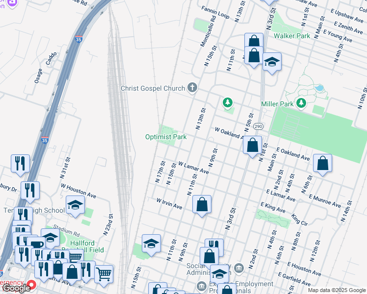 map of restaurants, bars, coffee shops, grocery stores, and more near 1301 North 15th Street in Temple