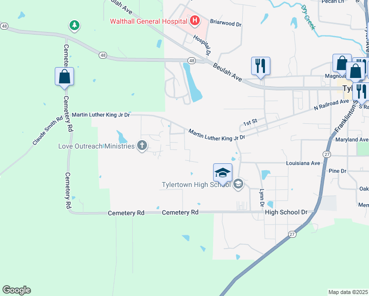 map of restaurants, bars, coffee shops, grocery stores, and more near 28-38 Queens Court in Tylertown