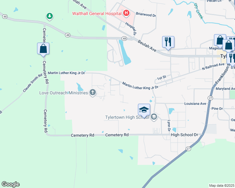 map of restaurants, bars, coffee shops, grocery stores, and more near 28-38 Queens Court in Tylertown