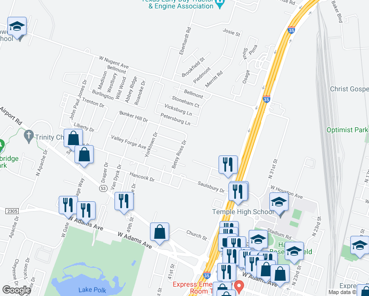 map of restaurants, bars, coffee shops, grocery stores, and more near 821 Betsy Ross Drive in Temple