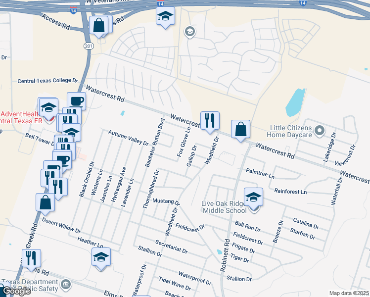 map of restaurants, bars, coffee shops, grocery stores, and more near 3704 Fox Glove Lane in Killeen