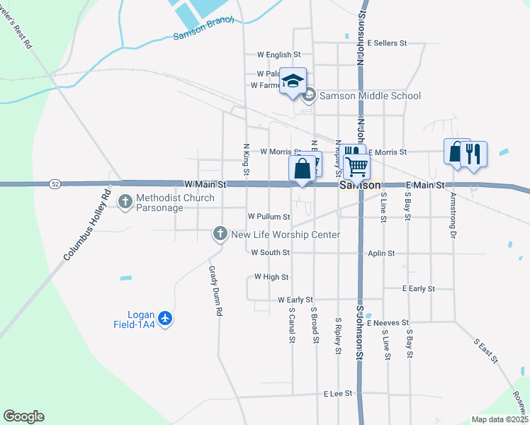 map of restaurants, bars, coffee shops, grocery stores, and more near 202 West Pullum Street in Samson