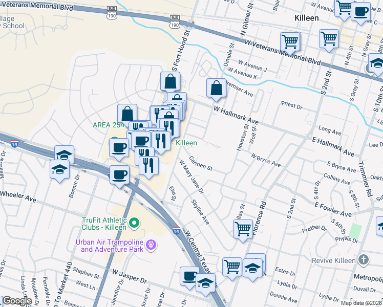 map of restaurants, bars, coffee shops, grocery stores, and more near 805 Carmen Street in Killeen