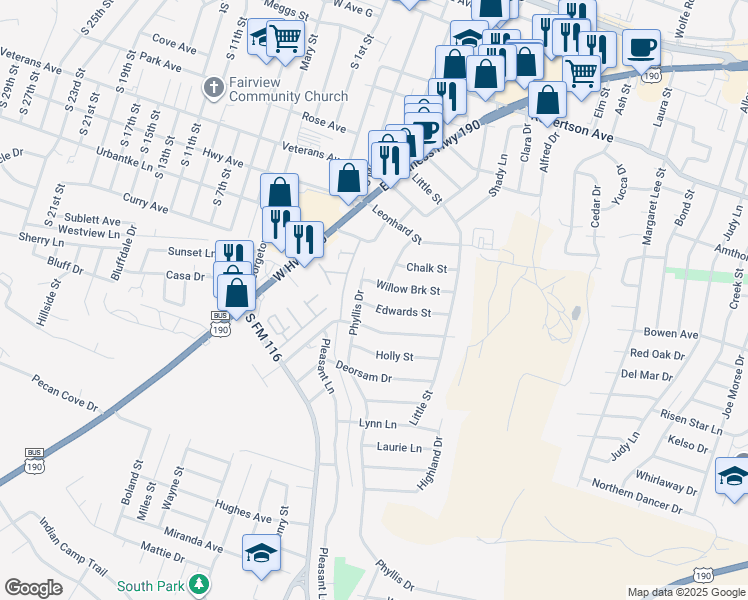 map of restaurants, bars, coffee shops, grocery stores, and more near 905 Edwards Street in Copperas Cove