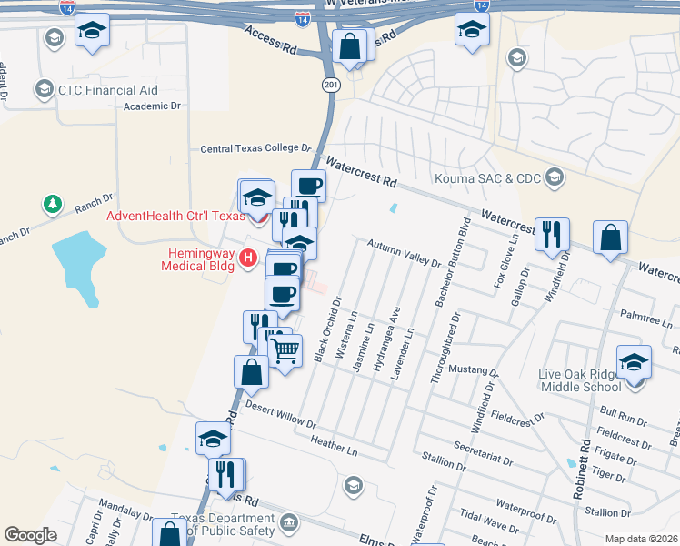 map of restaurants, bars, coffee shops, grocery stores, and more near 2502 Black Orchid Drive in Killeen