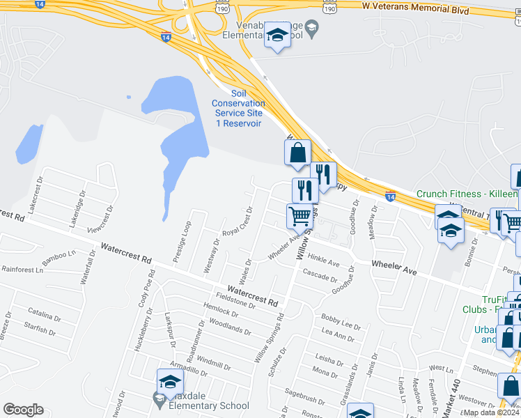 map of restaurants, bars, coffee shops, grocery stores, and more near 1121 Wales Drive in Killeen