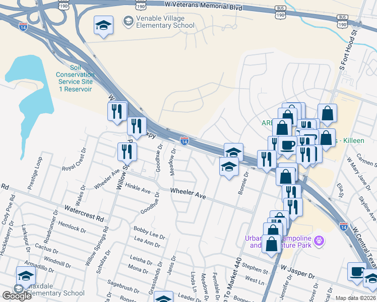 map of restaurants, bars, coffee shops, grocery stores, and more near 1801 Meadow Court in Killeen