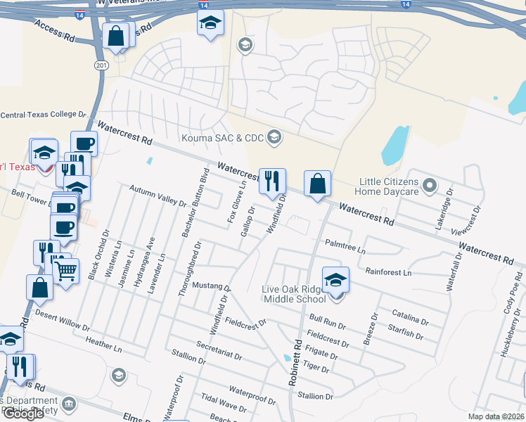 map of restaurants, bars, coffee shops, grocery stores, and more near 2306 Gallop Drive in Killeen