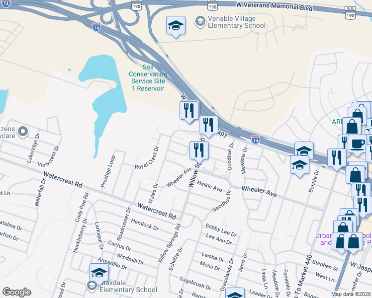 map of restaurants, bars, coffee shops, grocery stores, and more near 2238 Hilltop Loop in Killeen