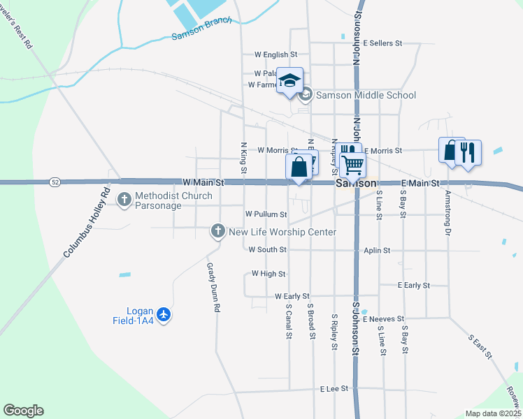 map of restaurants, bars, coffee shops, grocery stores, and more near 202 West Pullum Street in Samson