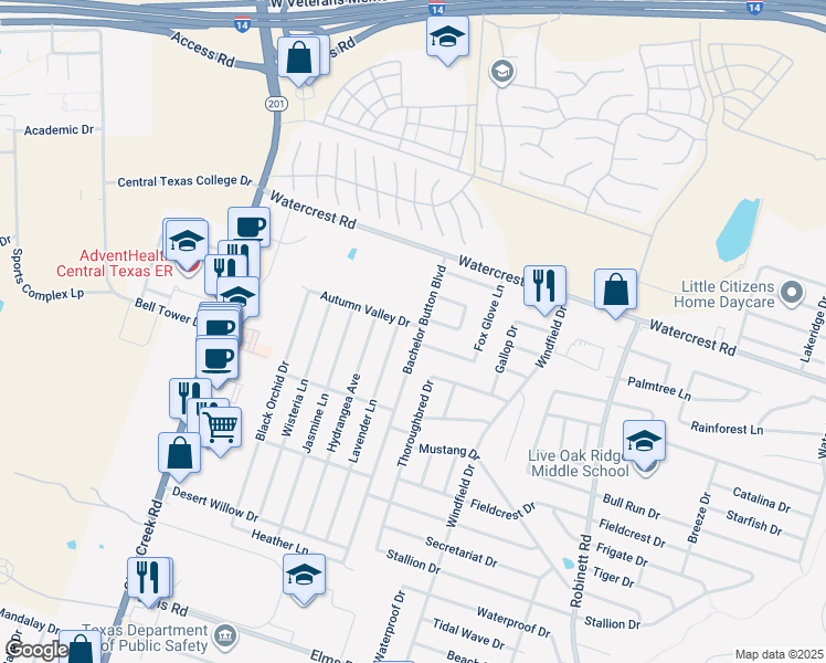 map of restaurants, bars, coffee shops, grocery stores, and more near 2401 Bachelor Button Boulevard in Killeen