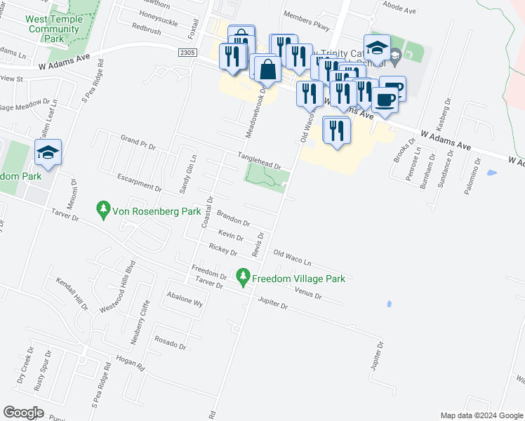 map of restaurants, bars, coffee shops, grocery stores, and more near 7003 Cameron Park Road in Temple