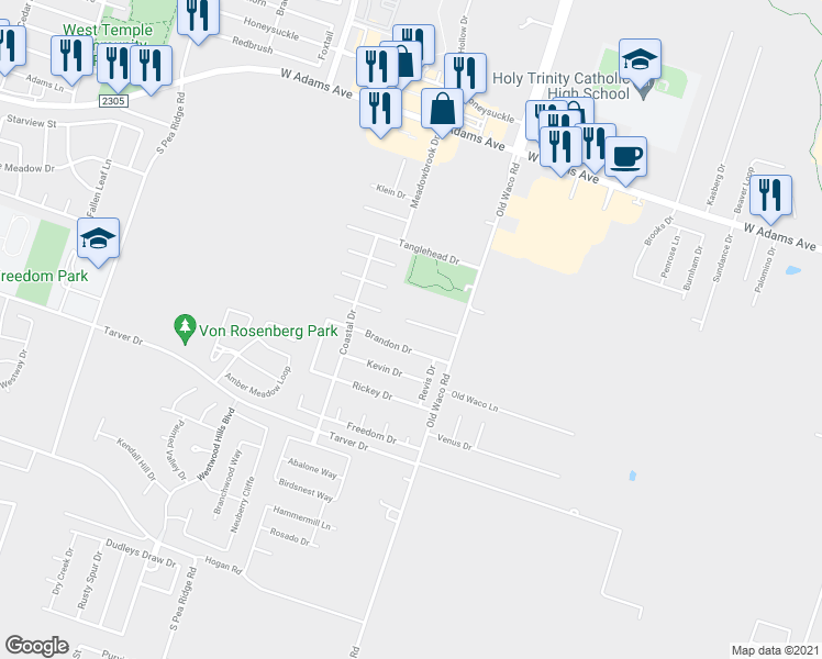map of restaurants, bars, coffee shops, grocery stores, and more near 7103 Cameron Park Road in Temple