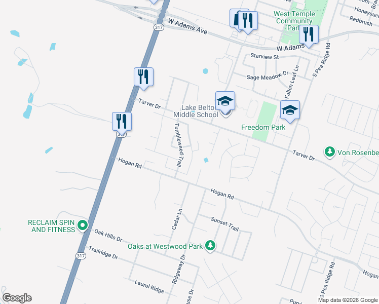 map of restaurants, bars, coffee shops, grocery stores, and more near 1127 Lonesome Oak Drive in Temple