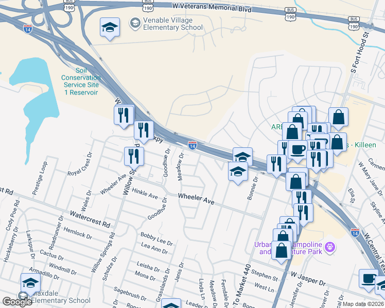 map of restaurants, bars, coffee shops, grocery stores, and more near 1801 Meadow Court in Killeen