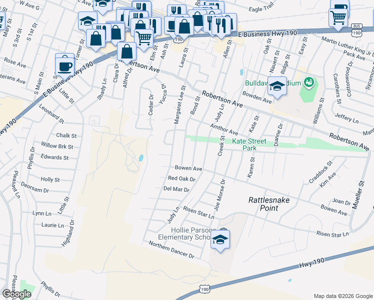 map of restaurants, bars, coffee shops, grocery stores, and more near 710 Bond Street in Copperas Cove