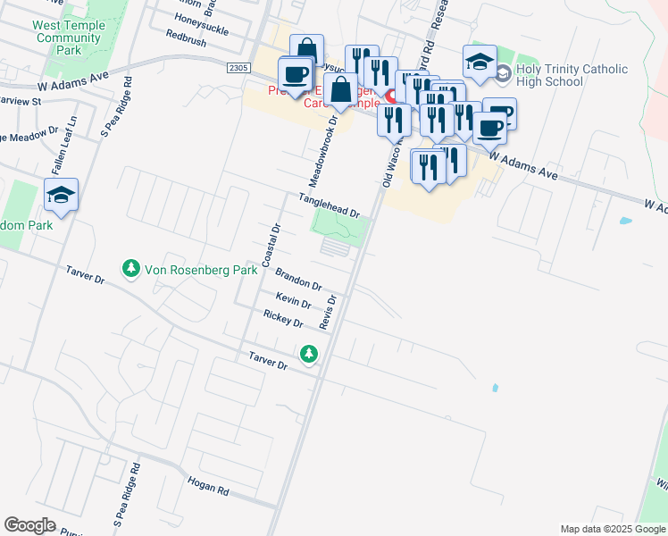 map of restaurants, bars, coffee shops, grocery stores, and more near Cameron Park Road in Temple
