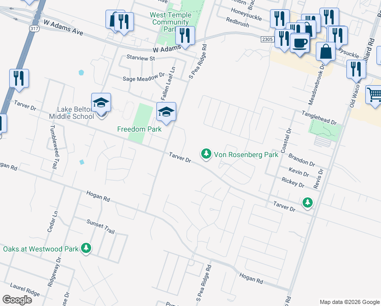 map of restaurants, bars, coffee shops, grocery stores, and more near 8000 Tarver Drive in Temple