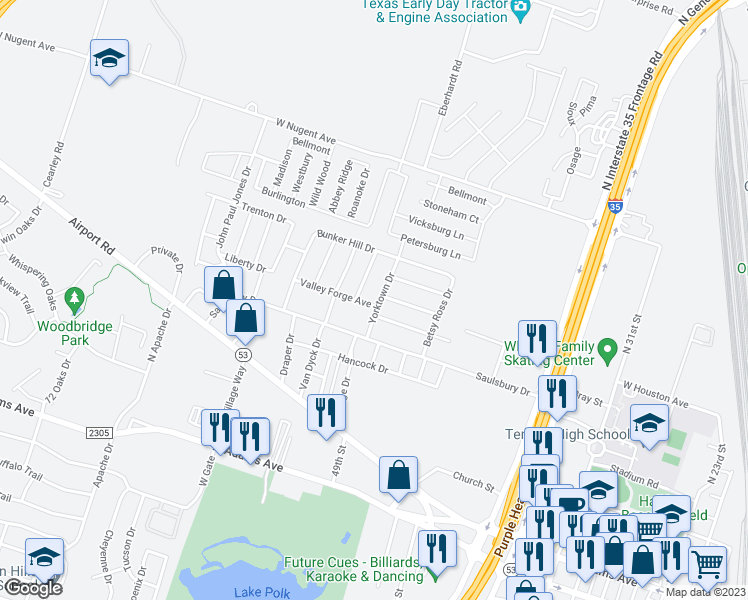 map of restaurants, bars, coffee shops, grocery stores, and more near 802 Yorktown Drive in Temple