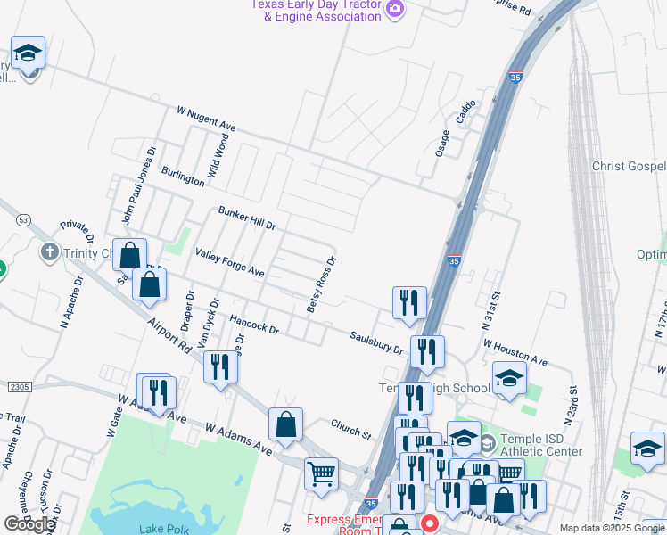 map of restaurants, bars, coffee shops, grocery stores, and more near 821 Betsy Ross Drive in Temple
