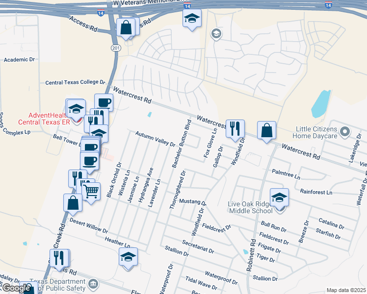 map of restaurants, bars, coffee shops, grocery stores, and more near 2401 Bachelor Button Boulevard in Killeen