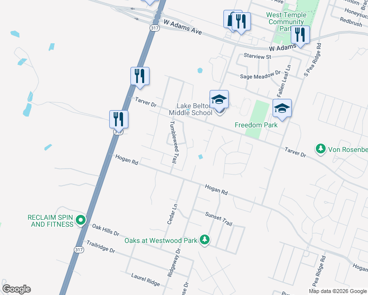 map of restaurants, bars, coffee shops, grocery stores, and more near 1127 Tumbleweed Trail in Temple