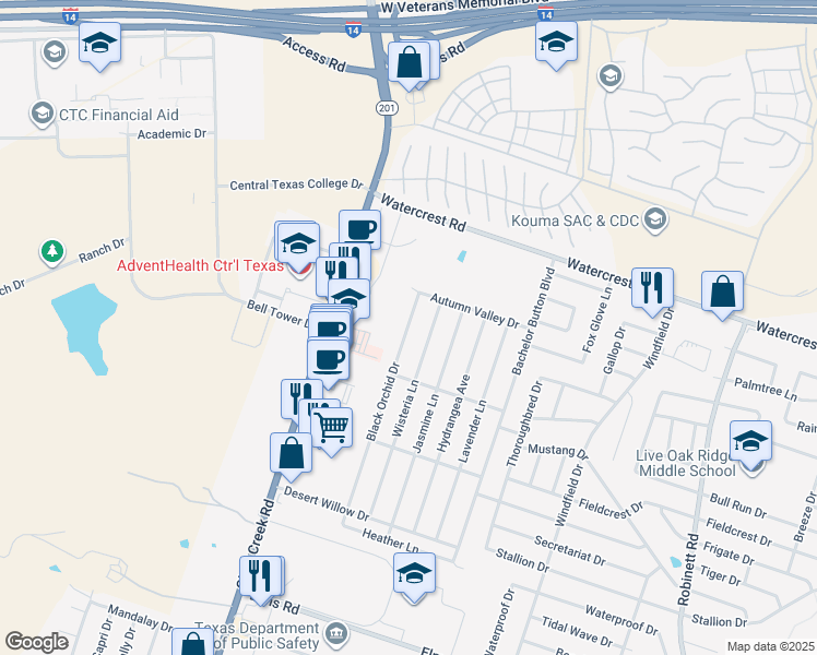map of restaurants, bars, coffee shops, grocery stores, and more near 2502 Black Orchid Drive in Killeen