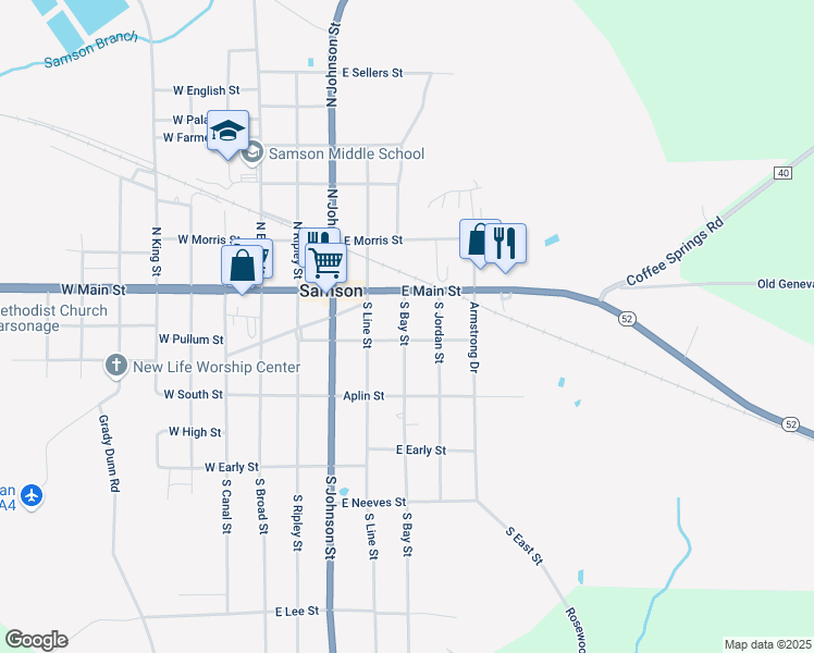 map of restaurants, bars, coffee shops, grocery stores, and more near 125 South Bay Street in Samson