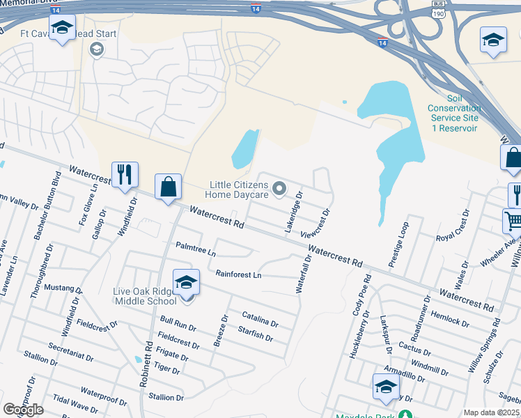 map of restaurants, bars, coffee shops, grocery stores, and more near 3606 Woodlake Drive in Killeen