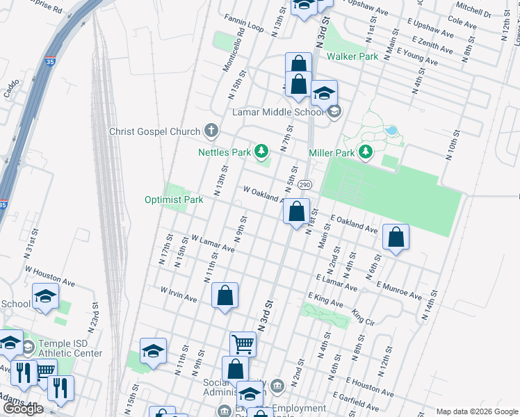 map of restaurants, bars, coffee shops, grocery stores, and more near 316 West Nugent Avenue in Temple