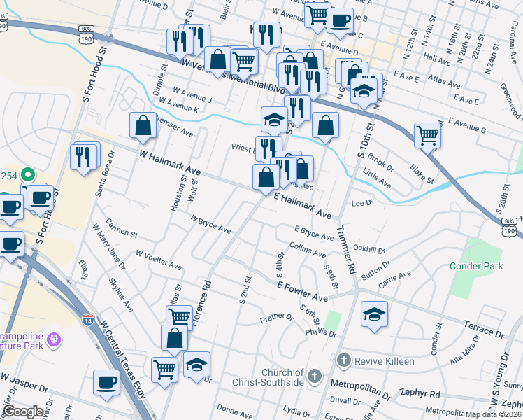 map of restaurants, bars, coffee shops, grocery stores, and more near 109 West Bryce Avenue in Killeen