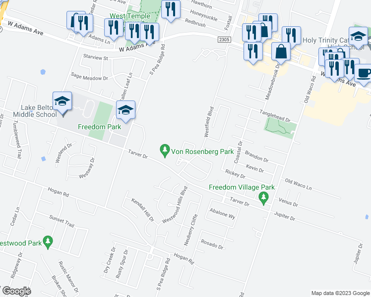 map of restaurants, bars, coffee shops, grocery stores, and more near 719 Copper Ridge Loop in Temple