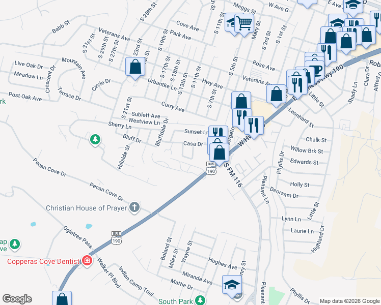 map of restaurants, bars, coffee shops, grocery stores, and more near 106 Horseshoe Drive in Copperas Cove
