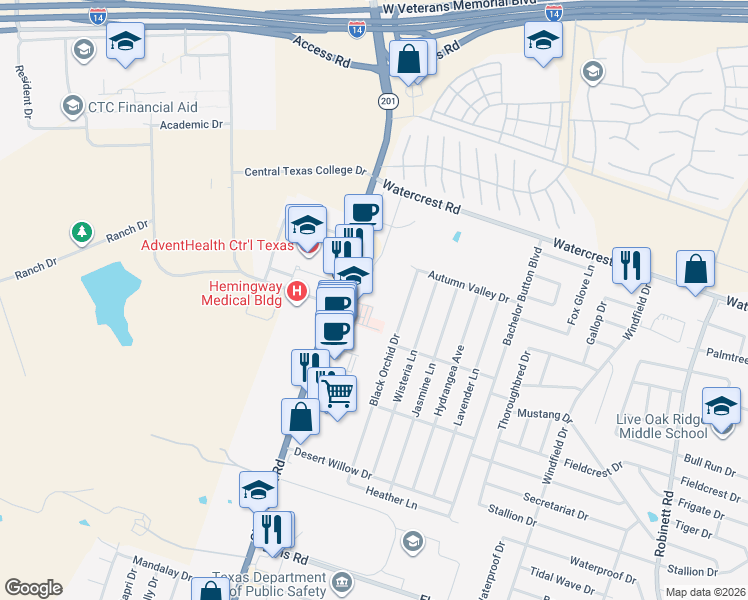 map of restaurants, bars, coffee shops, grocery stores, and more near 2252 Clear Creek Road in Killeen