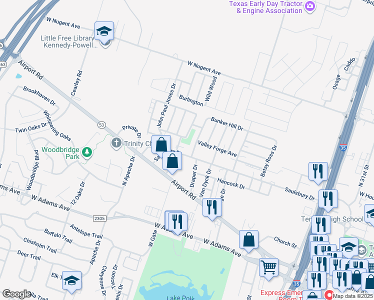 map of restaurants, bars, coffee shops, grocery stores, and more near 2904 Saulsbury Drive in Temple