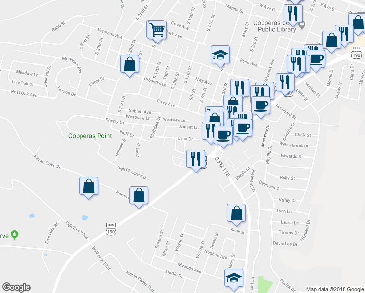 map of restaurants, bars, coffee shops, grocery stores, and more near 301 Horseshoe Drive in Copperas Cove