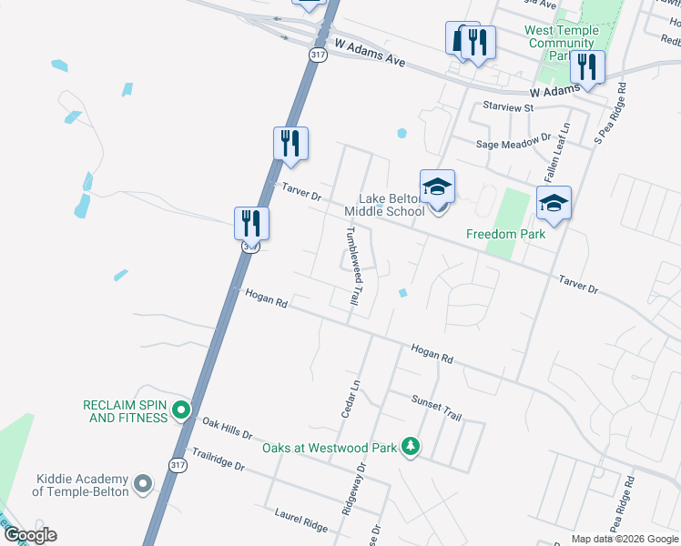 map of restaurants, bars, coffee shops, grocery stores, and more near 9172 Sage Loop Court in Temple