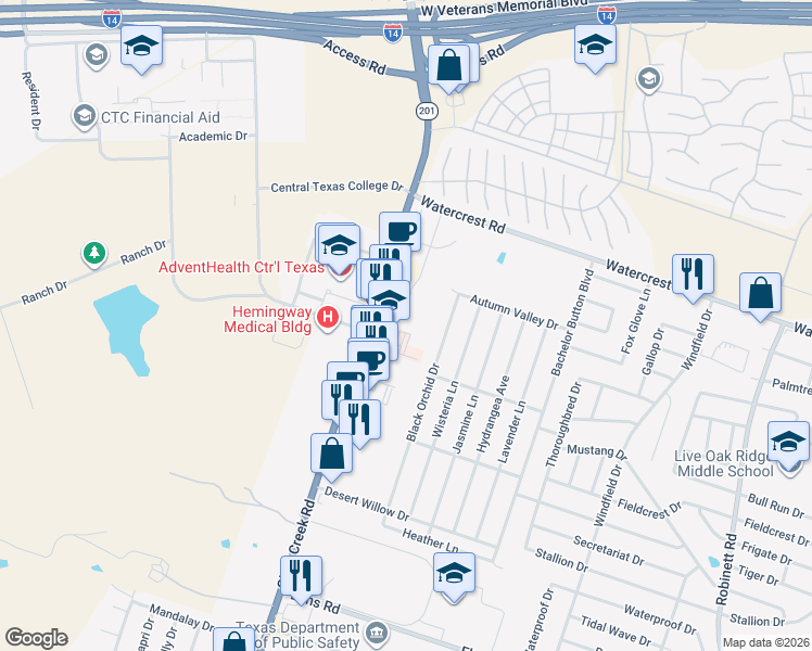 map of restaurants, bars, coffee shops, grocery stores, and more near 2252 Clear Creek in Killeen
