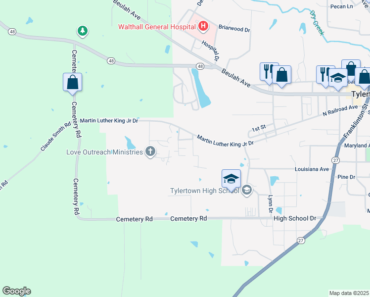 map of restaurants, bars, coffee shops, grocery stores, and more near 28-38 Queens Court in Tylertown
