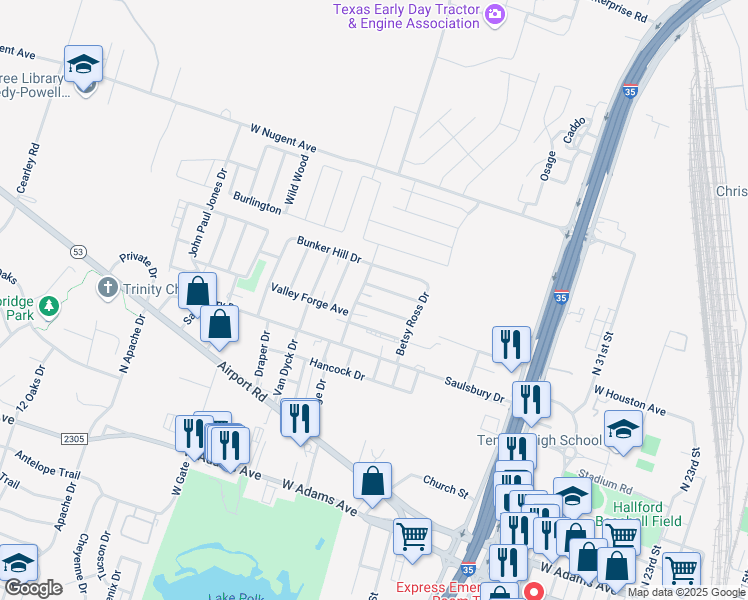 map of restaurants, bars, coffee shops, grocery stores, and more near 2402 Patrick Henry Street in Temple