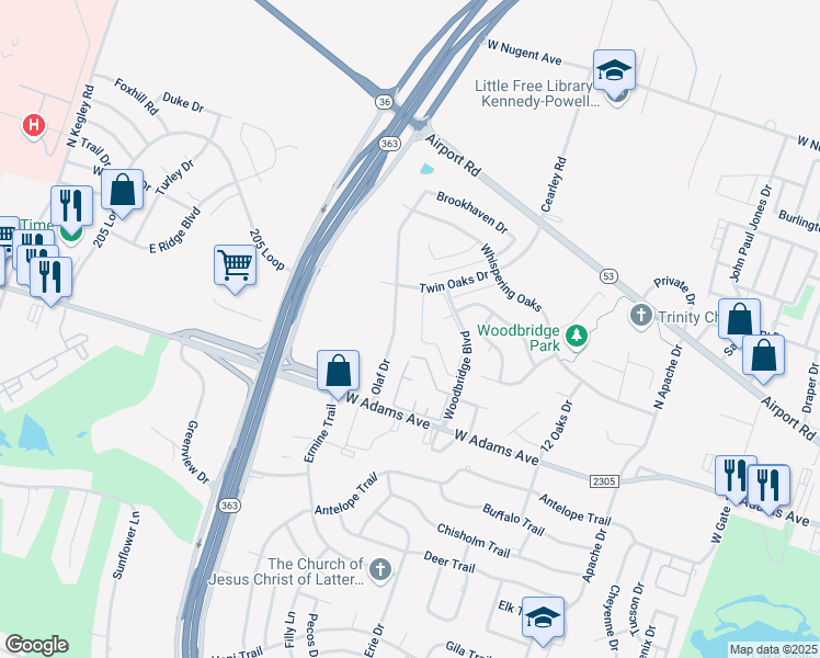 map of restaurants, bars, coffee shops, grocery stores, and more near 305 Olaf Drive in Temple