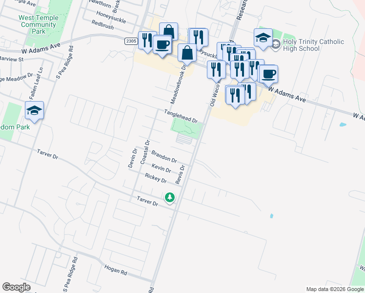 map of restaurants, bars, coffee shops, grocery stores, and more near 7003 Cameron Park Road in Temple