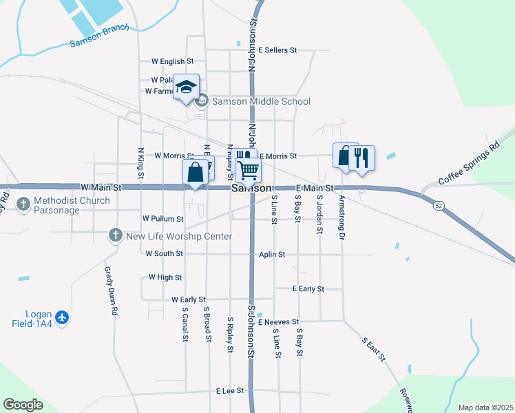 map of restaurants, bars, coffee shops, grocery stores, and more near 15 South Johnson Street in Samson