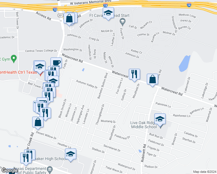 map of restaurants, bars, coffee shops, grocery stores, and more near 4702 Passion Flower Loop in Killeen
