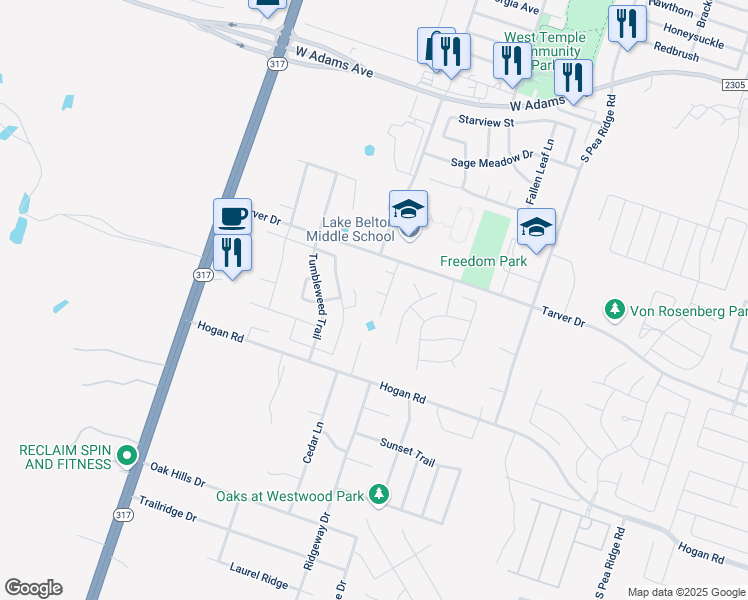 map of restaurants, bars, coffee shops, grocery stores, and more near 1024 Stonebrook Drive in Temple