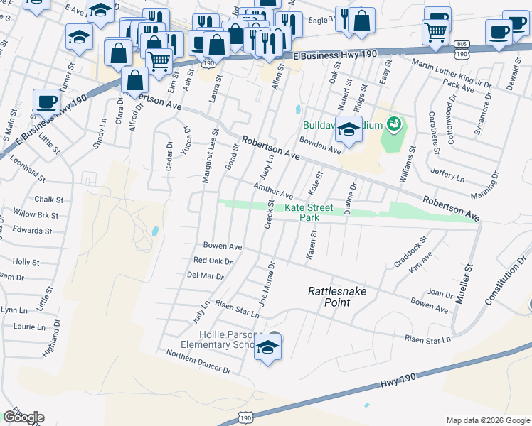 map of restaurants, bars, coffee shops, grocery stores, and more near 704 Creek Street in Copperas Cove