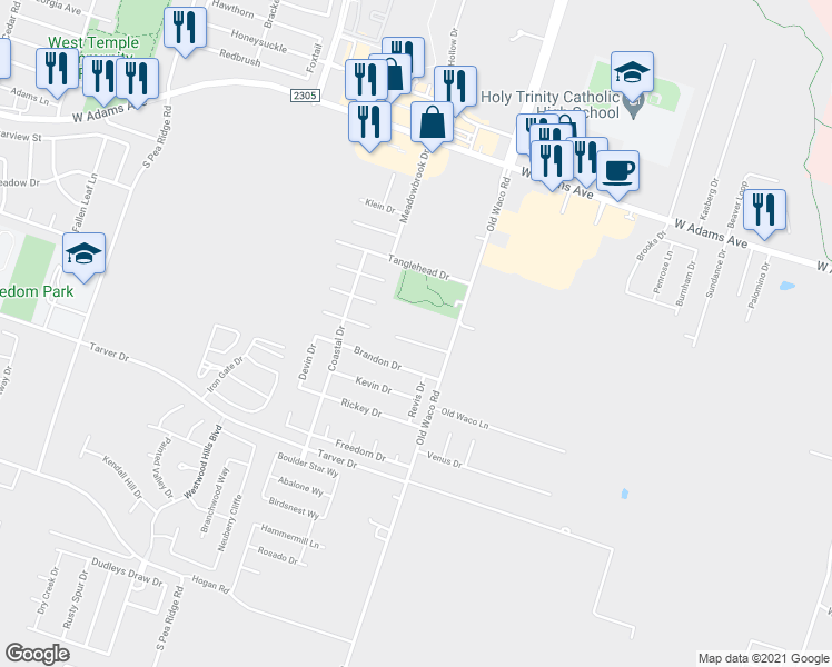 map of restaurants, bars, coffee shops, grocery stores, and more near 7103 Cameron Park Road in Temple