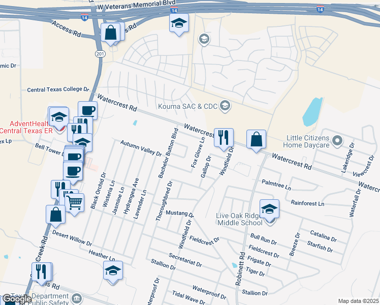 map of restaurants, bars, coffee shops, grocery stores, and more near 3704 Fox Glove Lane in Killeen