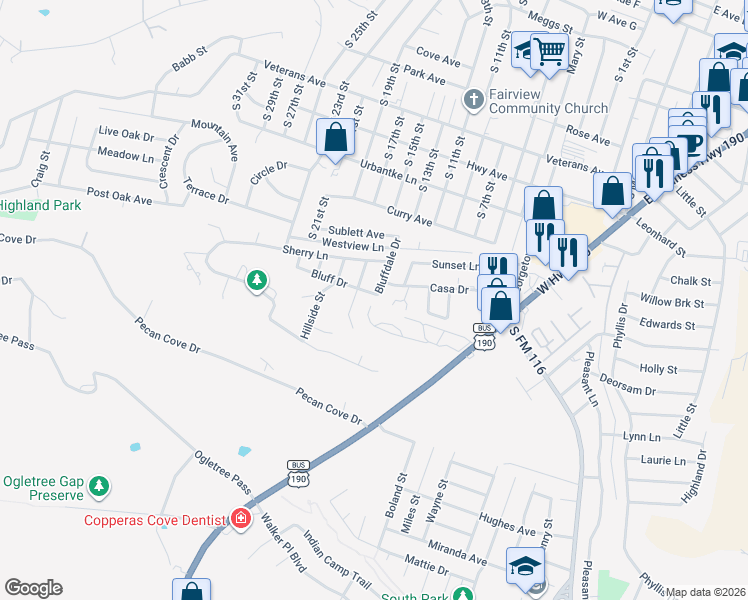 map of restaurants, bars, coffee shops, grocery stores, and more near 901 Bluff Drive in Copperas Cove