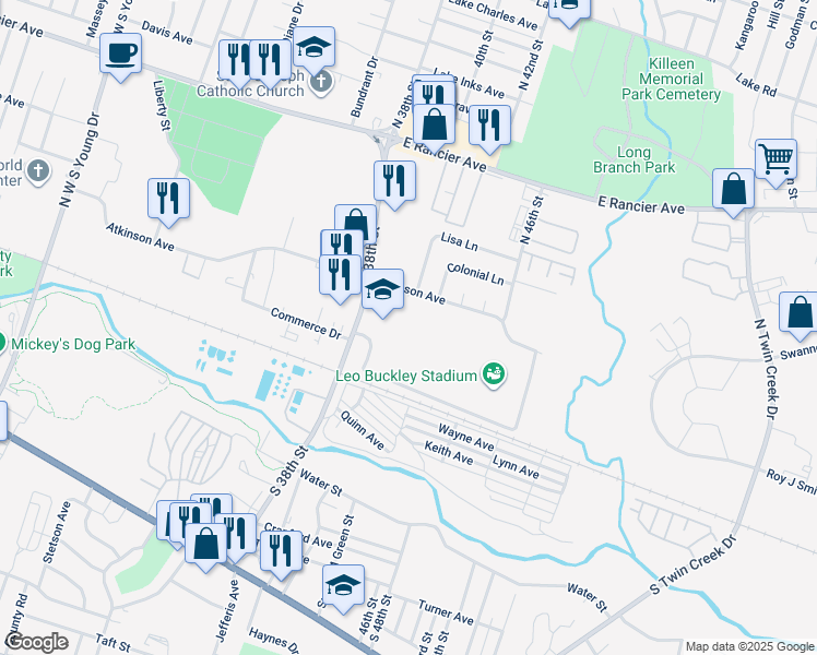 map of restaurants, bars, coffee shops, grocery stores, and more near 500 North 38th Street in Killeen